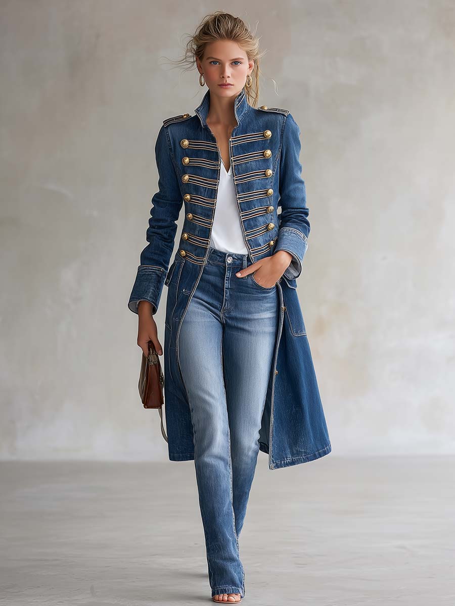 Cappotto in denim lungo e aderente in stile militare con bottoni dorati per donna