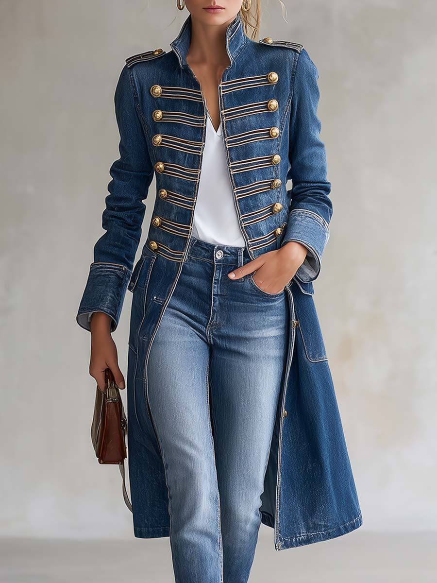 Cappotto in denim lungo e aderente in stile militare con bottoni dorati per donna
