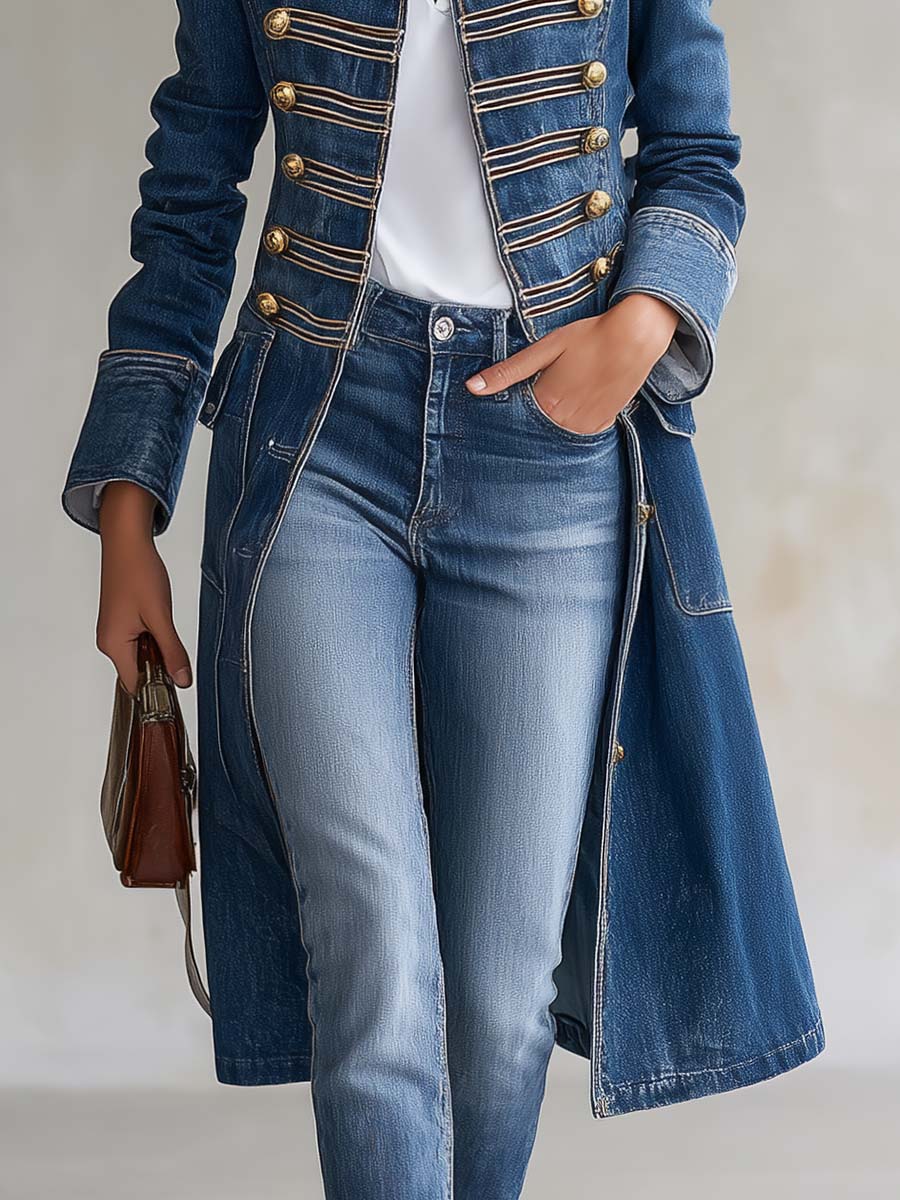 Cappotto in denim lungo e aderente in stile militare con bottoni dorati per donna