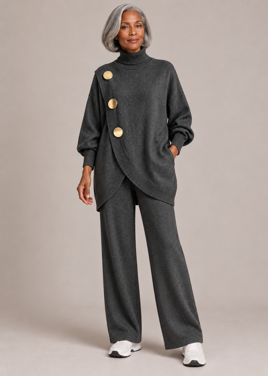 Margaret™ | Set di due pezzi in maglia con dettagli asimmetrici e bottoni