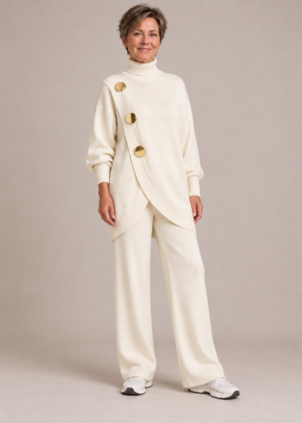 Margaret™ | Set di due pezzi in maglia con dettagli asimmetrici e bottoni