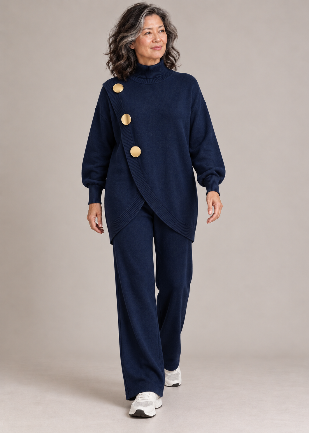 Margaret™ | Set di due pezzi in maglia con dettagli asimmetrici e bottoni