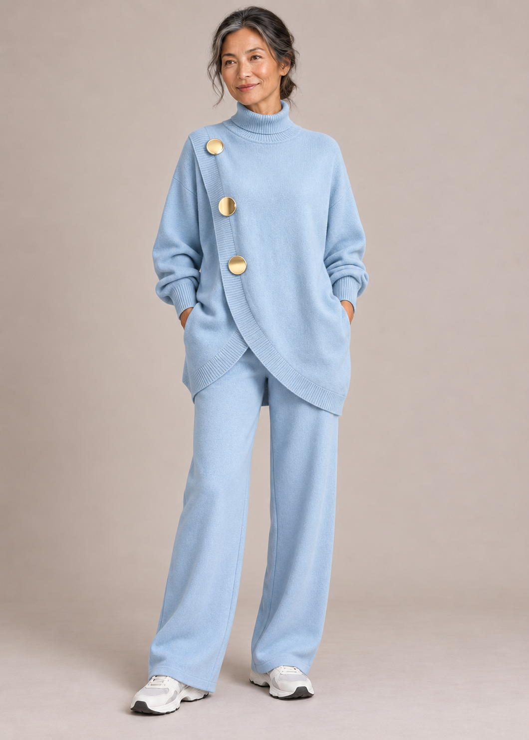 Margaret™ | Set di due pezzi in maglia con dettagli asimmetrici e bottoni
