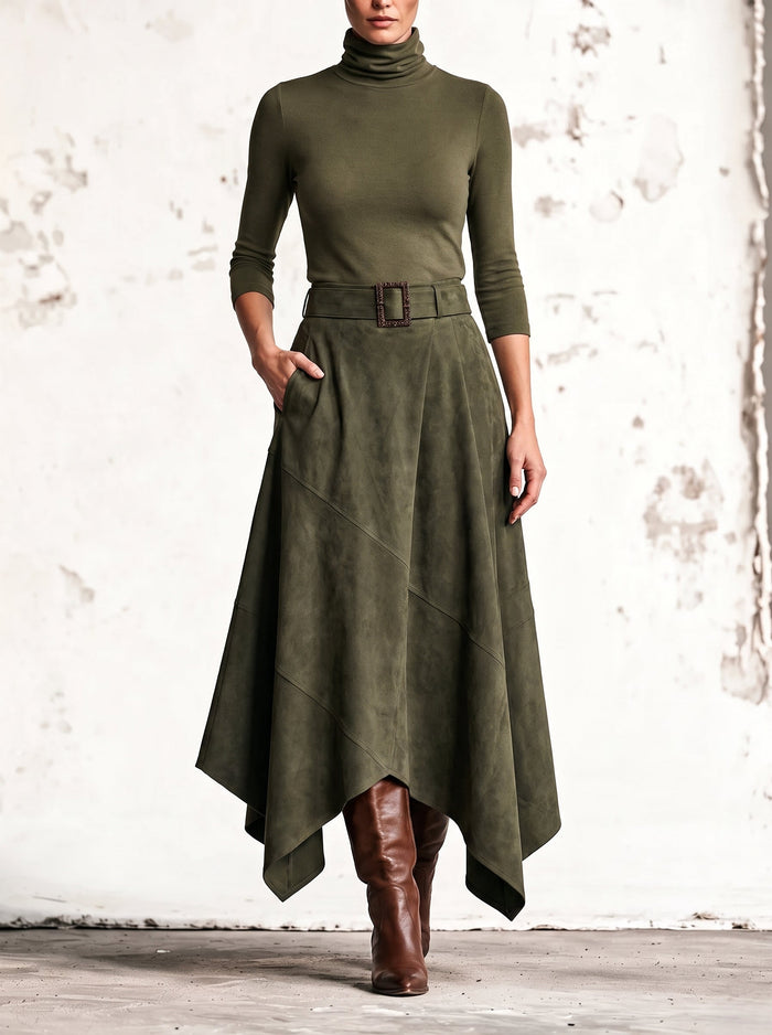 Amparo | Completo Verde con Top a Collo Alto e Gonna Midi Asimmetrica in Similpelle Scamosciata (Inclusa Cintura)