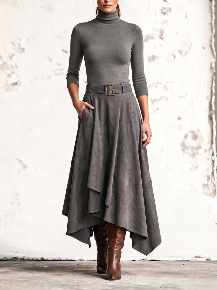 Amparo | Set completo con top grigio a collo alto e gonna midi asimmetrica in suede sintetico (inclusa cintura)