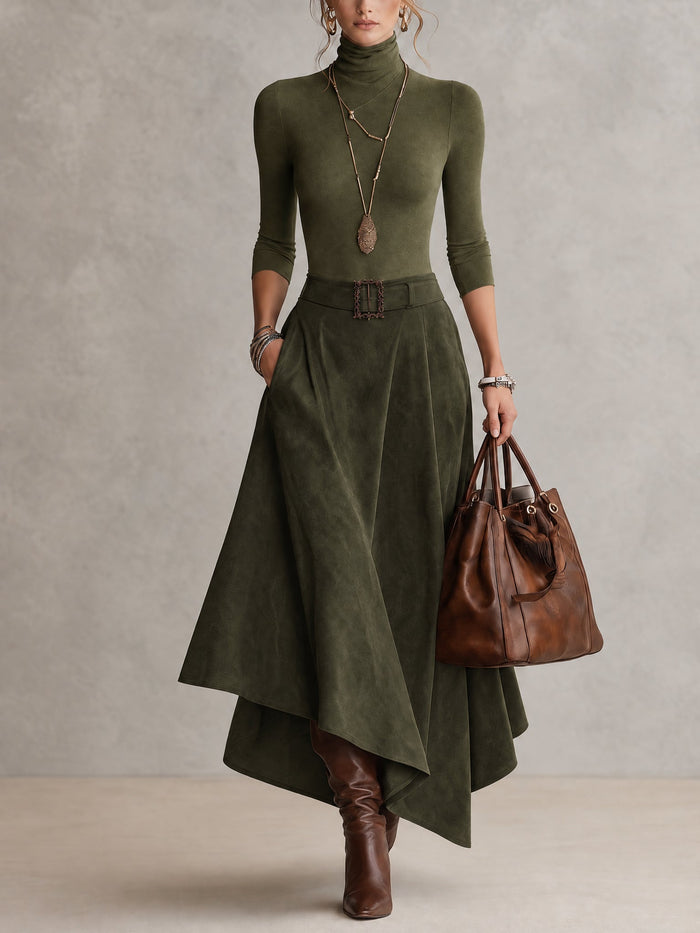 Amparo | Completo Verde con Top a Collo Alto e Gonna Midi Asimmetrica in Similpelle Scamosciata (Inclusa Cintura)