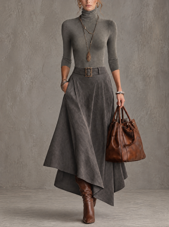 Amparo | Set completo con top grigio a collo alto e gonna midi asimmetrica in suede sintetico (inclusa cintura)