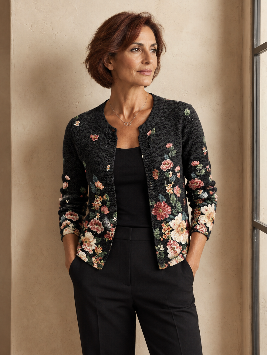Nerina | Cardigan Botanico Fondo Nero