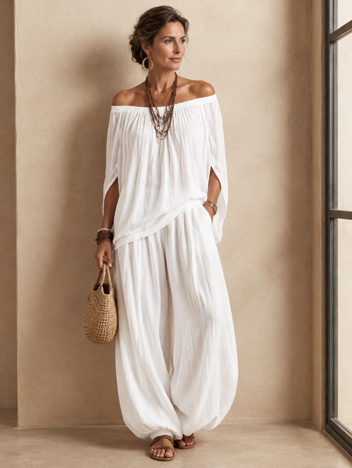 Alba | Completo Bianco Spalle Scoperte con Pantalone Lanterna