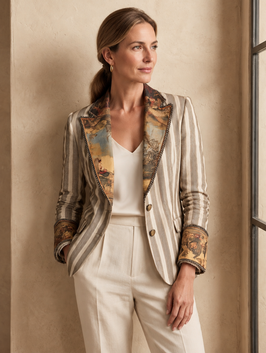 Lia | Blazer a Righe con Collo Fantasia